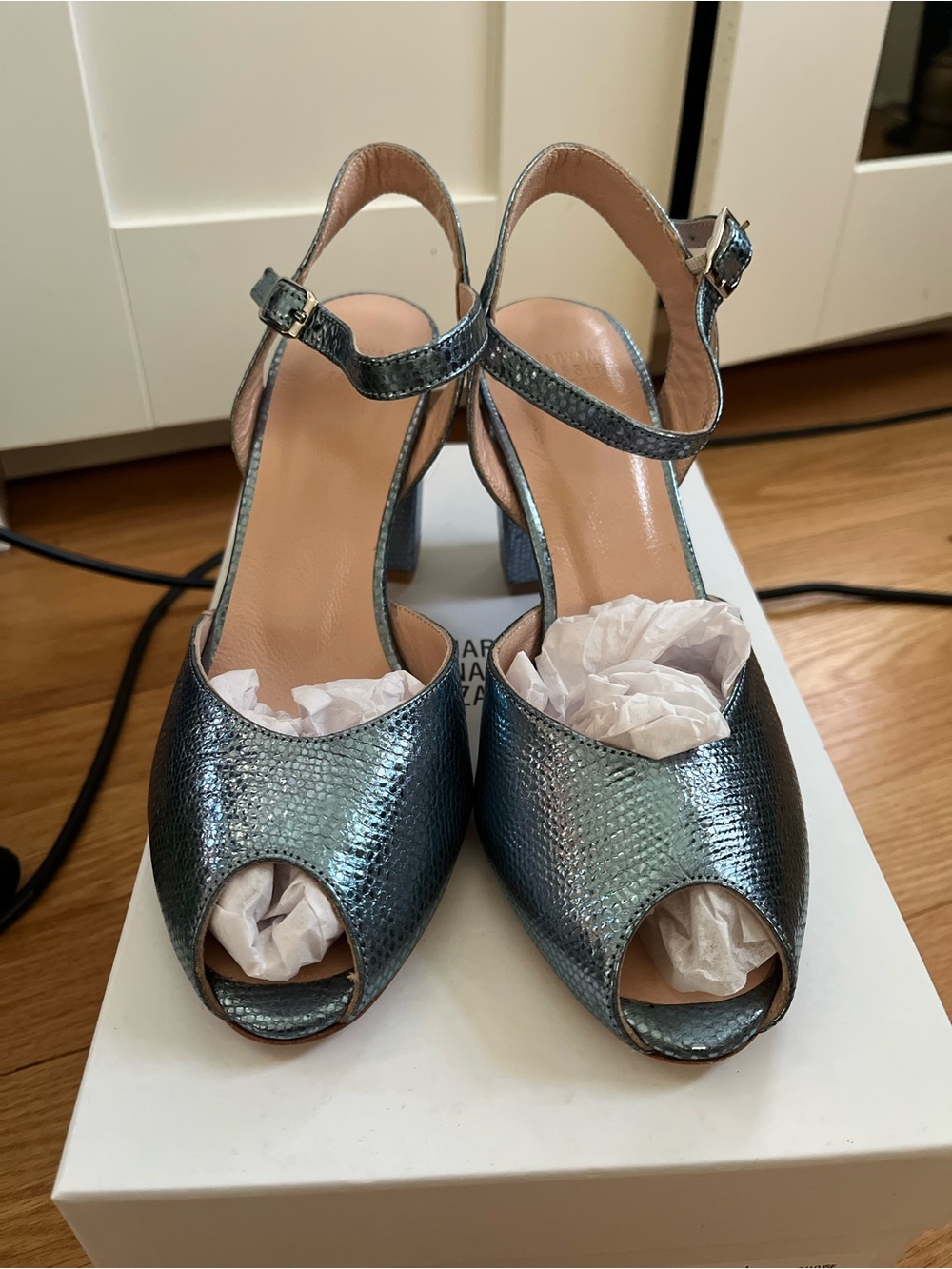Maryam Nassir Zadeh Iridescent Blue Peep-Toe Slingback Heels